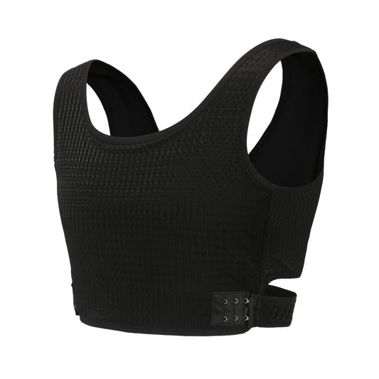 Liberator: Stylish Summer Pick Mesh Fabric Chest Binder with X Cross Straps - BLACK