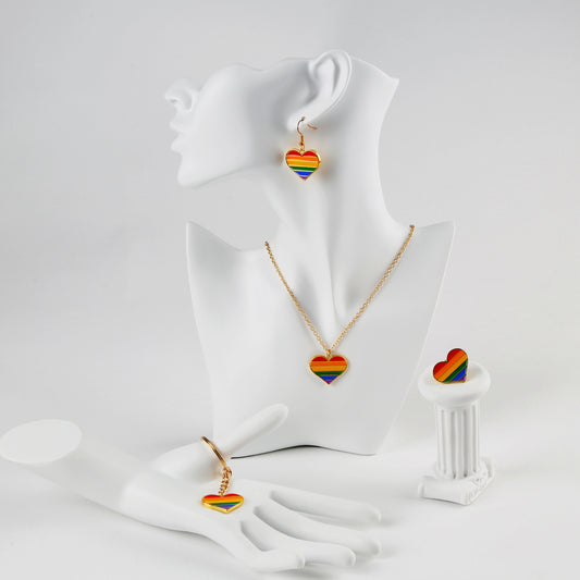Pride 2022 Rainbow Jewelry Set - Heart-shaped Earrings, Necklace, Pin, Keyring