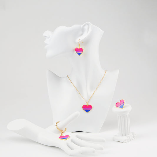 Pride 2022 Bisexual Jewelry Set - Heart-shaped Earrings, Necklace, Pin, Keyring