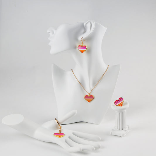Pride 2022 Lesbian Jewelry Set - Heart-shaped Earrings, Necklace, Pin, Keyring