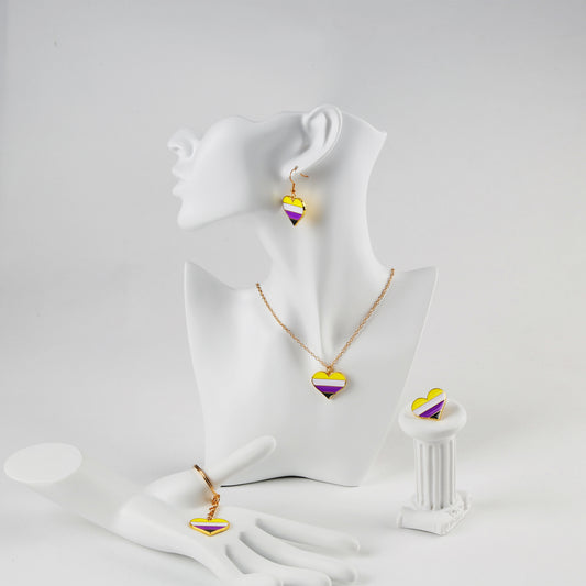 Pride 2022 Non-binary Jewelry Set - Heart-shaped Earrings, Necklace, Pin, Keyring
