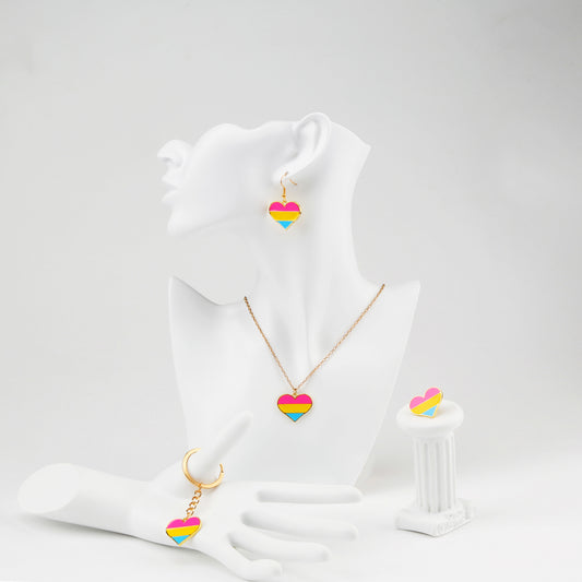 Pride 2022 Pansexual Jewelry Set - Heart-shaped Earrings, Necklace, Pin, Keyring
