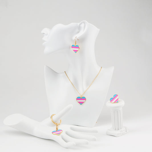Pride 2022 Transgender Jewelry Set - Heart-shaped Earrings, Necklace, Pin, Keyring