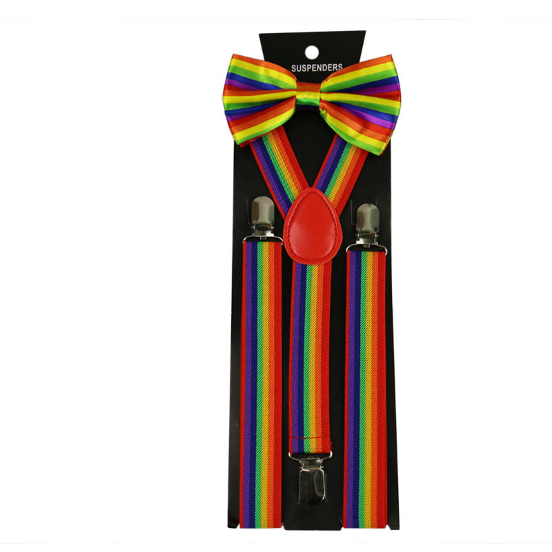 LGBT Unicorns Adult Bow Tie Strap Clip Set Rainbow Stripe Suspender Tie Unisex