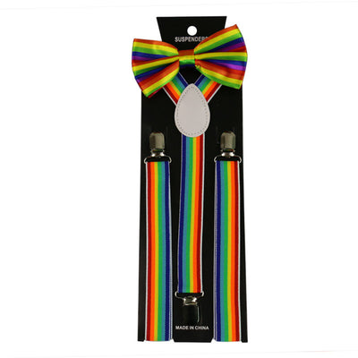 LGBT Unicorns Adult Bow Tie Strap Clip Set Rainbow Stripe Suspender Tie Unisex