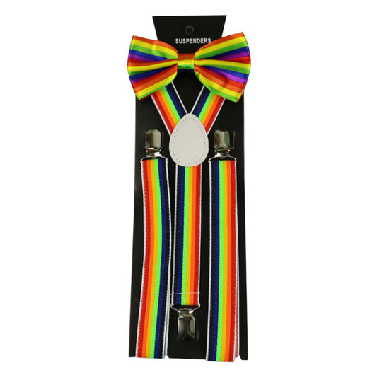 LGBT Unicorns Adult Bow Tie Strap Clip Set Rainbow Stripe Suspender Tie Unisex