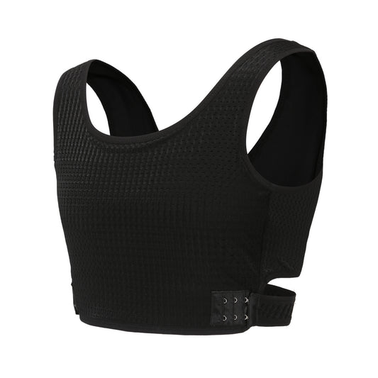 Liberator: Stylish Summer Pick Mesh Fabric Chest Binder with X Cross Straps - BLACK