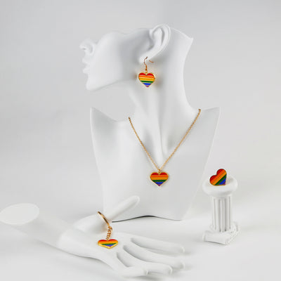 Pride 2022 Rainbow Jewelry Set - Heart-shaped Earrings, Necklace, Pin, Keyring