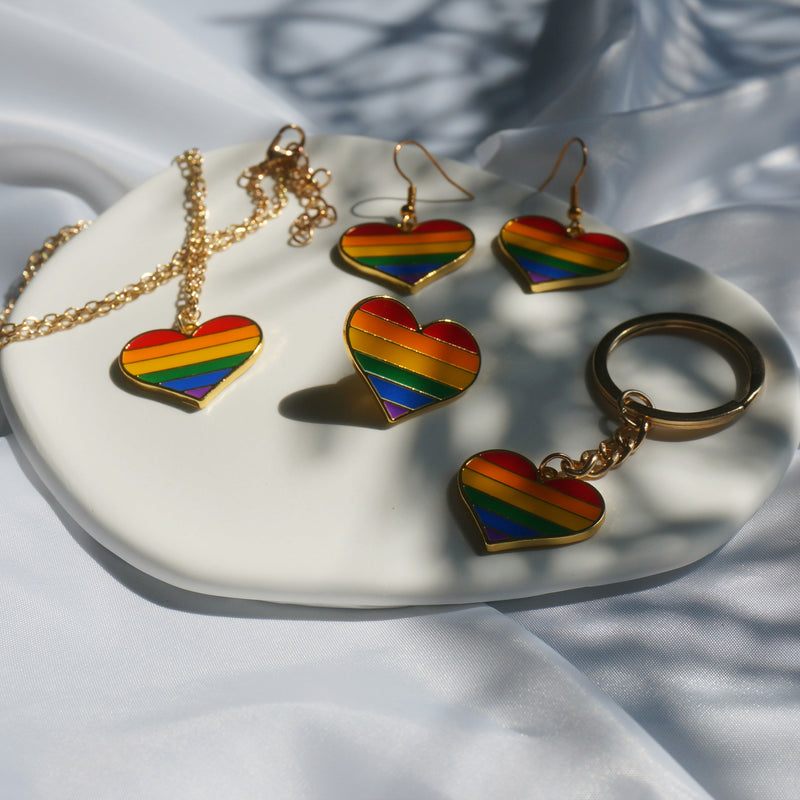 Pride 2022 Rainbow Jewelry Set - Heart-shaped Earrings, Necklace, Pin, Keyring