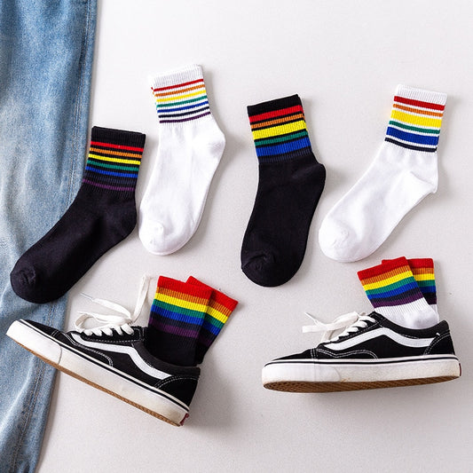 LGBT Rainbow Stripes Casual Sports Socks, Cotton Deodorant