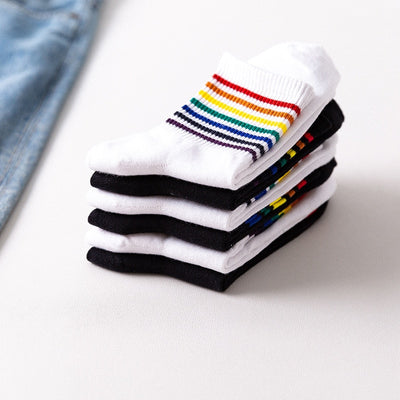 LGBT Rainbow Stripes Casual Sports Socks, Cotton Deodorant