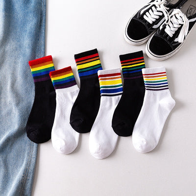 LGBT Rainbow Stripes Casual Sports Socks, Cotton Deodorant