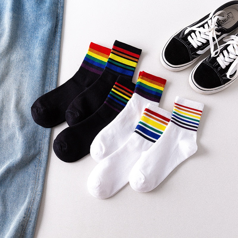 LGBT Rainbow Stripes Casual Sports Socks, Cotton Deodorant