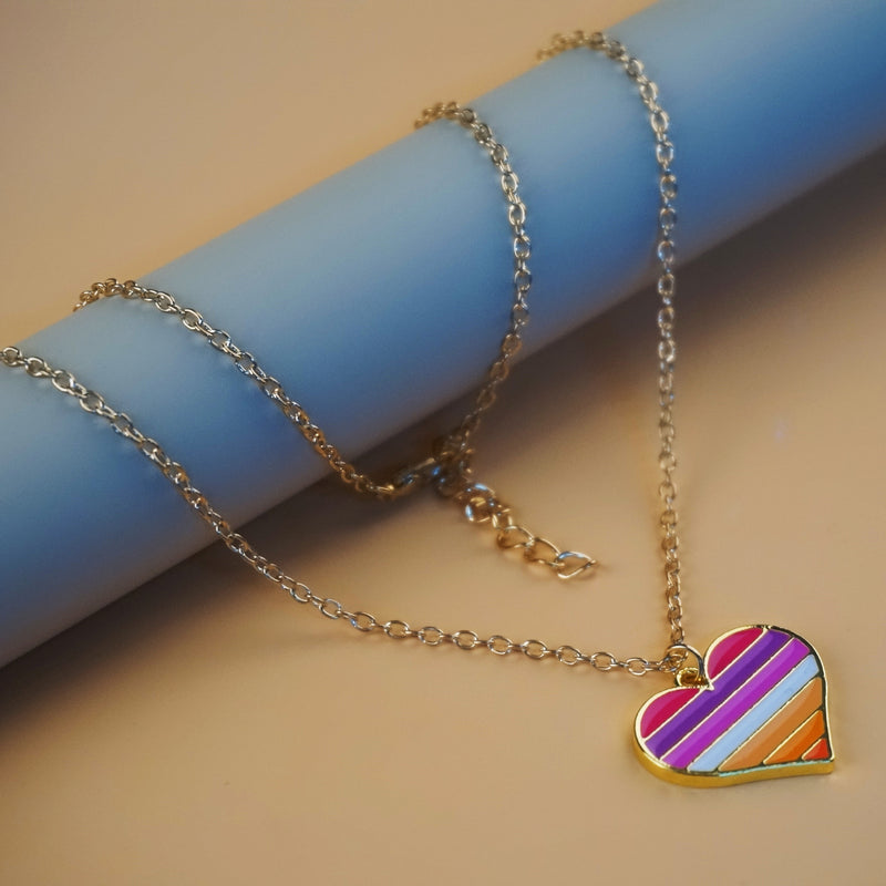 Pride 2022 Lesbian Jewelry Set - Heart-shaped Earrings, Necklace, Pin, Keyring