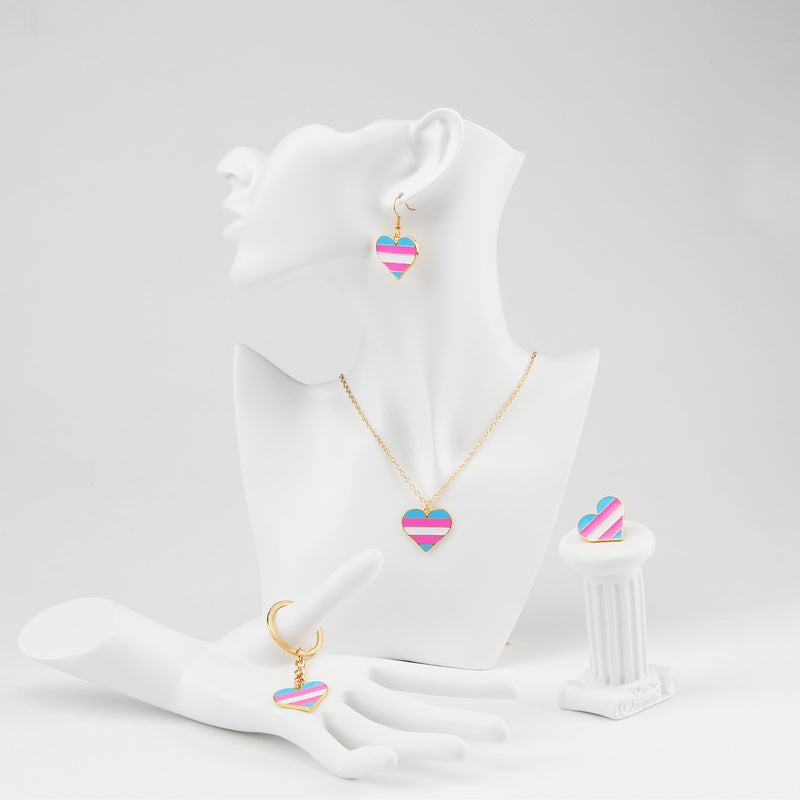 Pride 2022 Transgender Jewelry Set - Heart-shaped Earrings, Necklace, Pin, Keyring